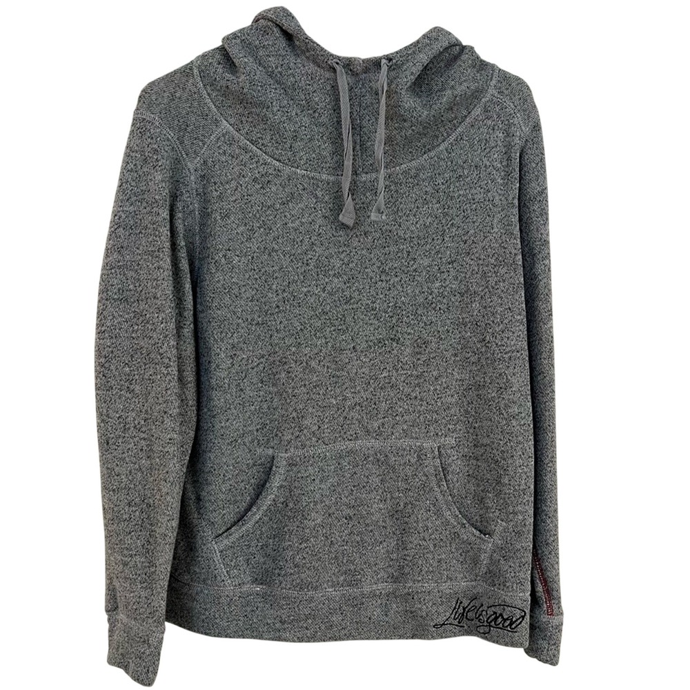 Life is Good Hoodie Womens Medium Mock Neck Draw String Sweatshirt Heather Gray